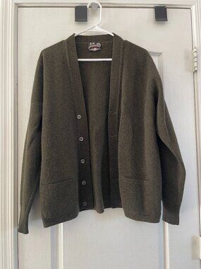 Beautiful vintage olive green cardigan by Panda, featuring a luxe camel hair and